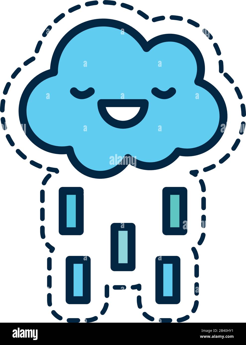 cloud with rain cartoon line fill style icon design, Kawaii expression