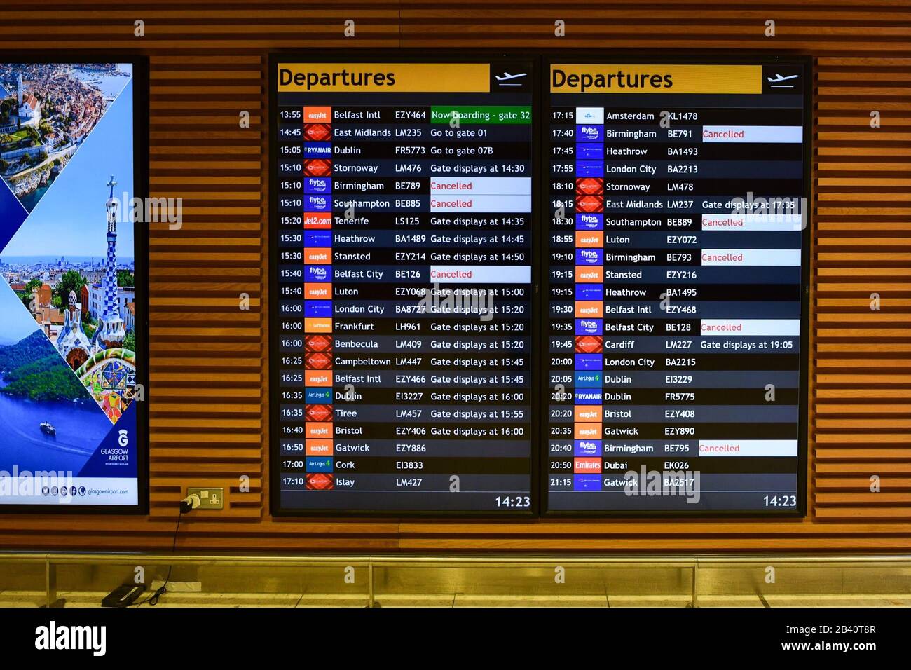 Glasgow, Scotland, UK. 5th Mar, 2020. Flight departure boards showing cancelled Flybe flights at