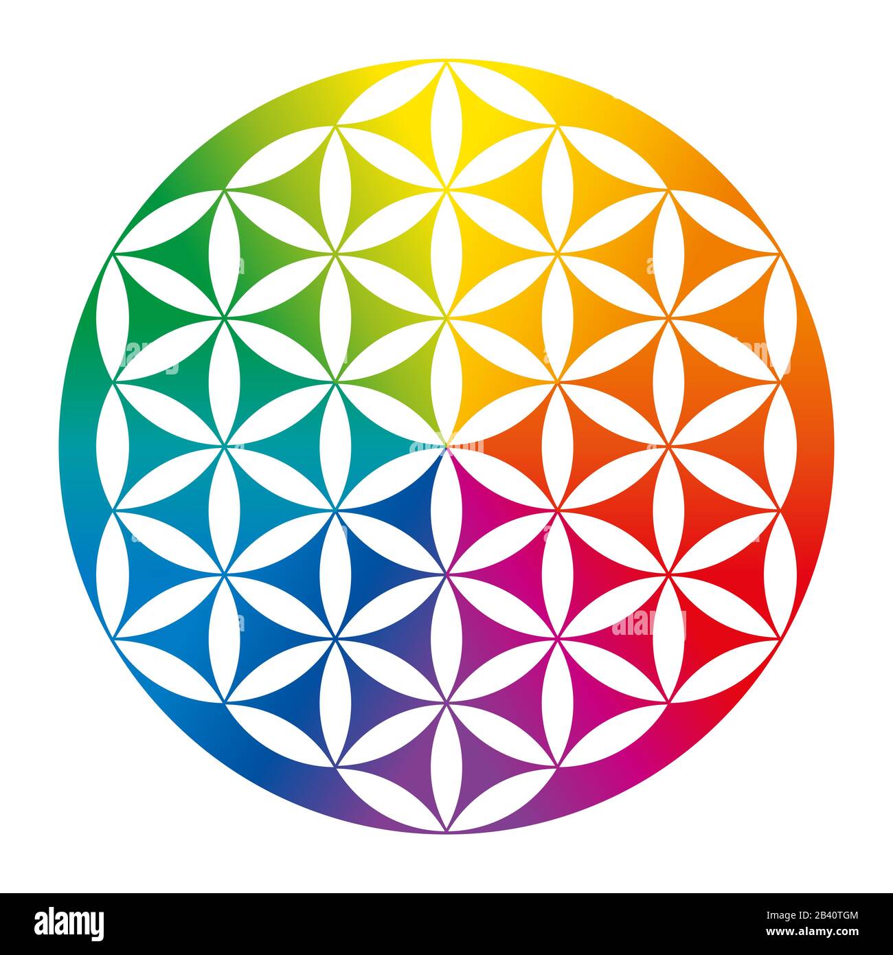Rainbow colored inverted Flower of Life. Geometrical figure, spiritual symbol and Sacred Geometry. Overlapping circles forming a flower like pattern. Stock Photo