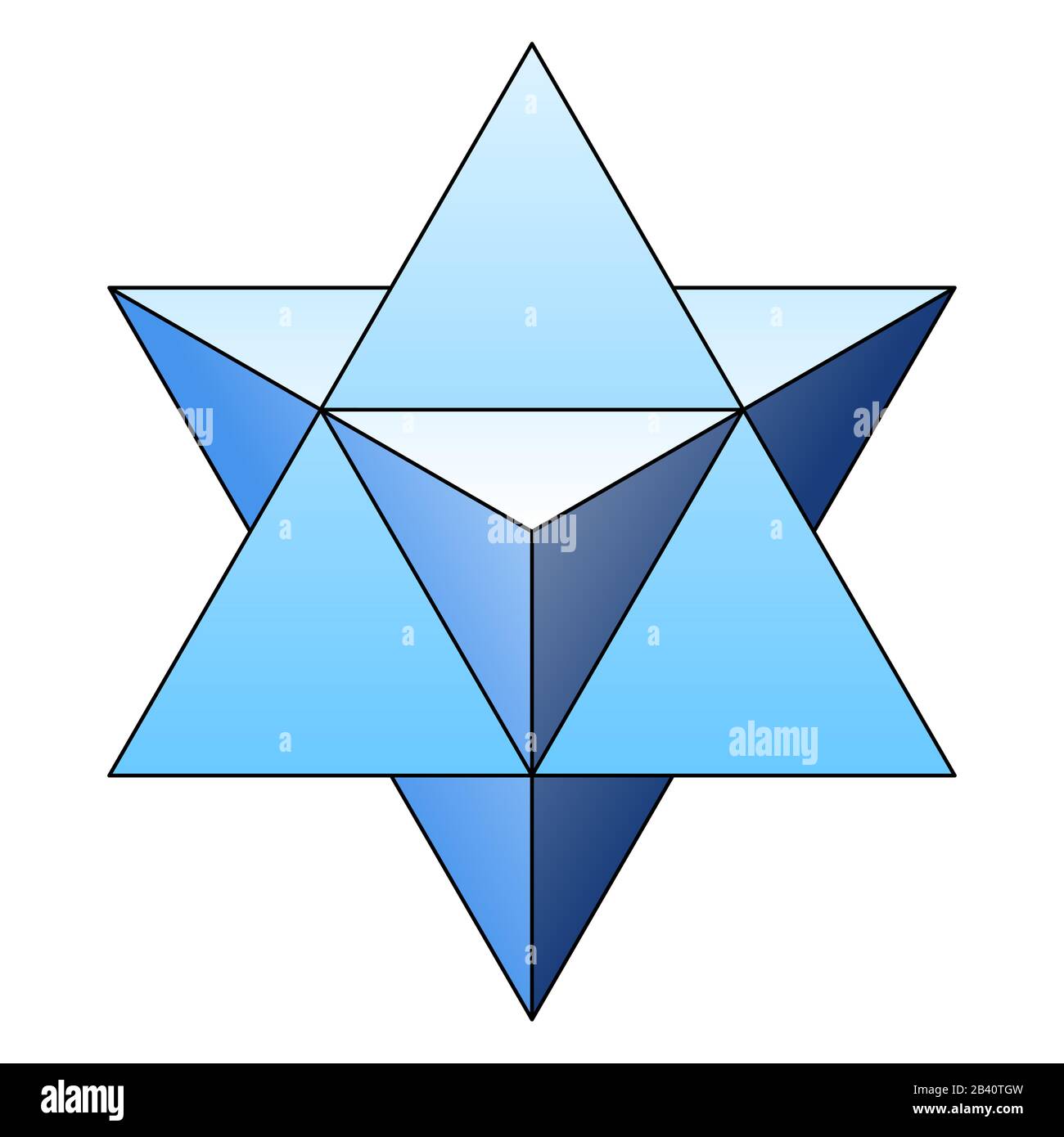 Blue star tetrahedron, also called Merkaba or Mer-Ka-Ba. A stellated octahedron, or stella octangula, a 3D extension of the Star of David. Stock Photo