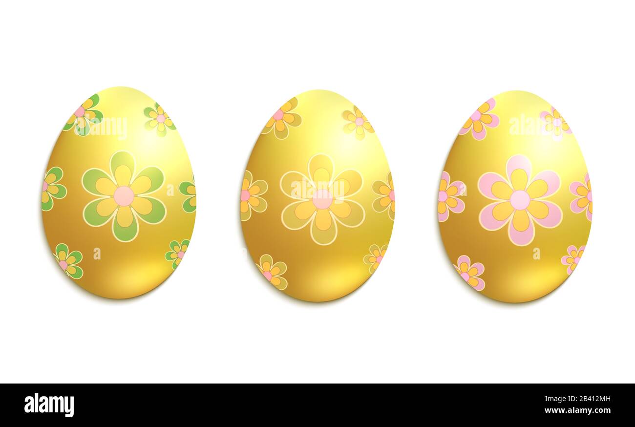Golden Easter egg, flower green yellow, white background vector Stock Vector