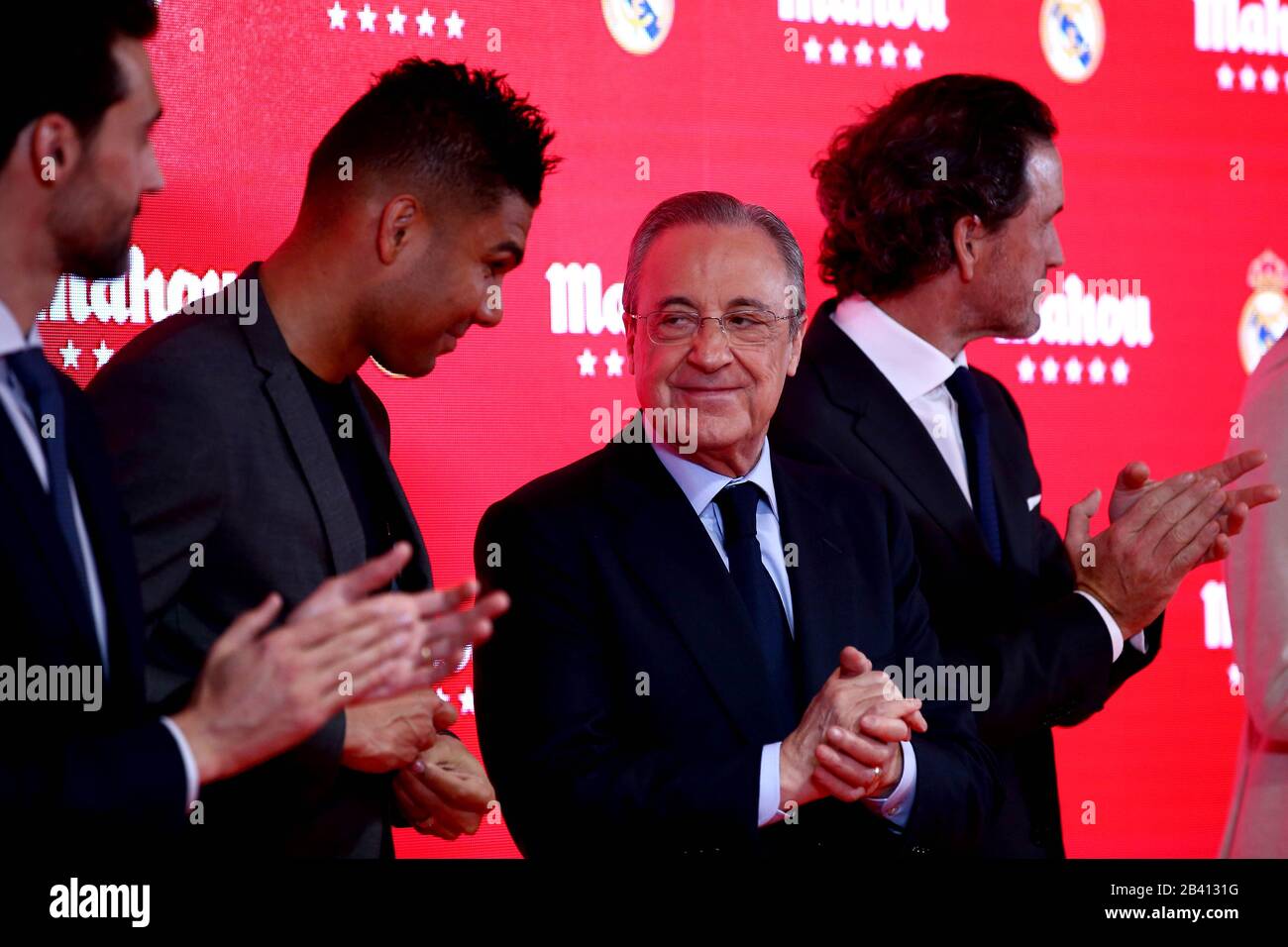 Madrid, Spain; 05/03/2020.- Florentino Pérez president of Real Madrid accompanied by Casemiro (L), Valverde and former club player and ambassador Álvaro Arbeloa presented a new sponsorship agreement with a Madrid company at the Santiago Bernabéu stadium. Florentino Pérez said “we enter the decisive phase of the season, in which the strength of Real Madrid will continue to be vital to achieve every challenge, even those that may seem impossible,” to add that “in football we have already achieved the Spanish Super Cup and, in basketball, also the Spanish Super Cup and the Copa del Rey. Three ti Stock Photo