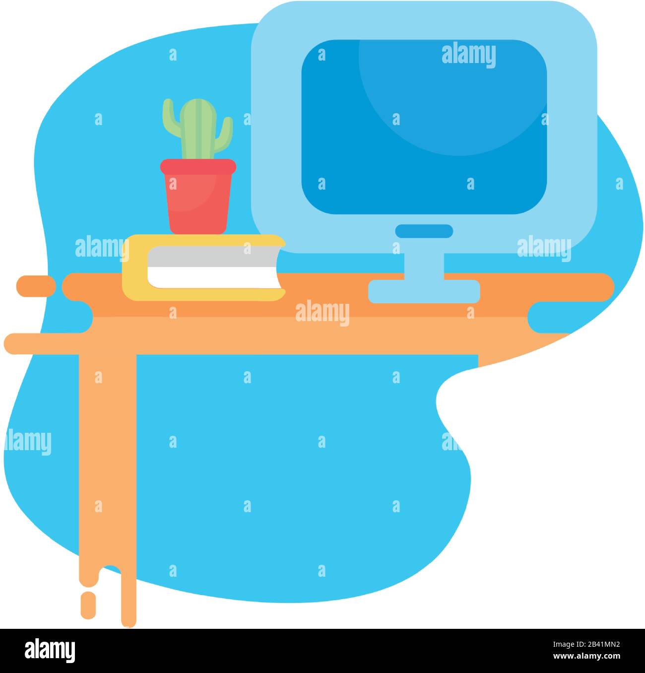 Computer book and cactus over table flat block style icon design