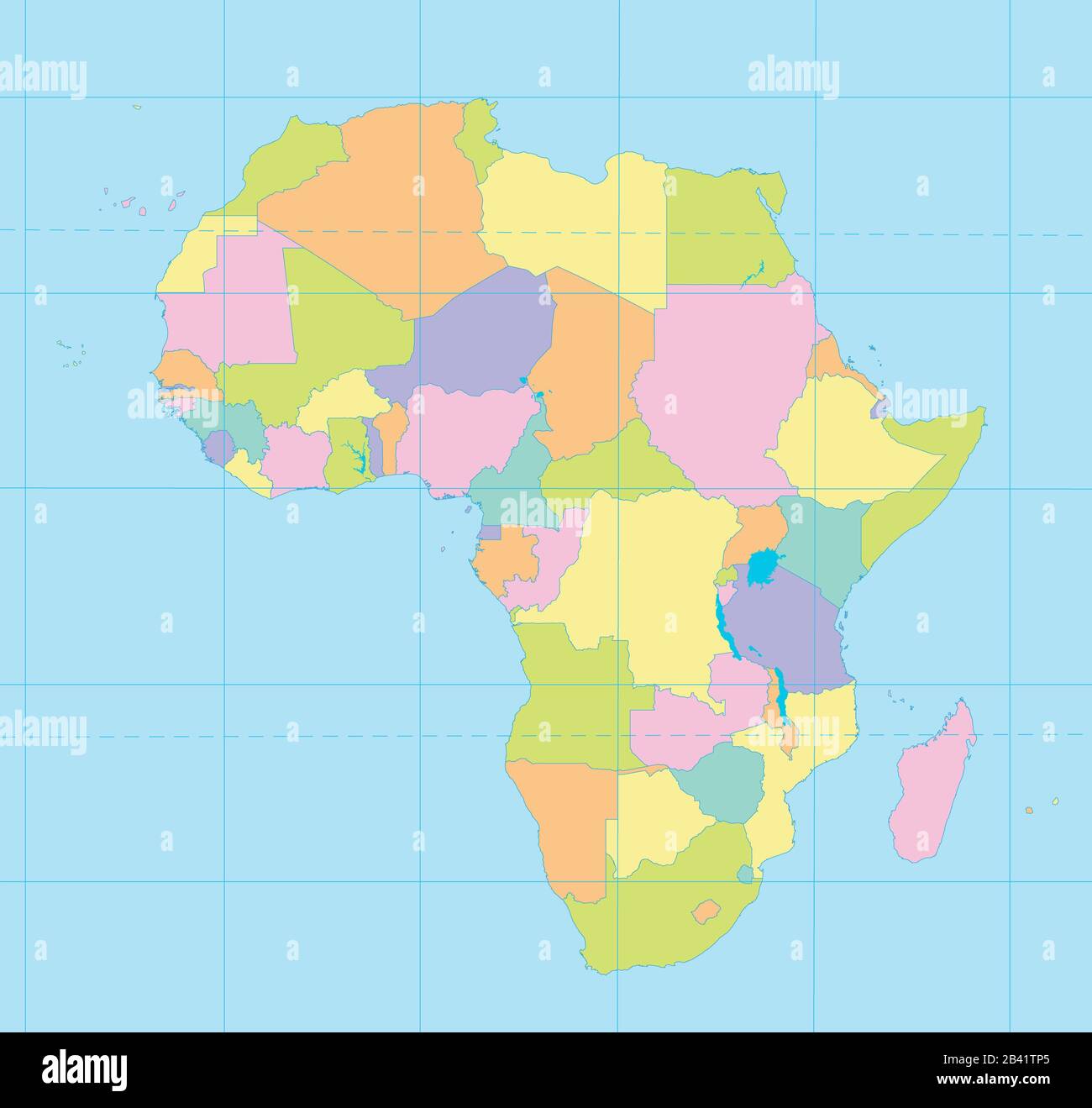 Africa map colorful, new political detailed map, separate individual states, with state city and sea names, blue background blank Stock Photo