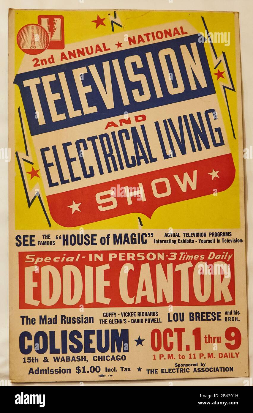 a poster from the national television and electronic living show, second annual in Chicago USA featuring Eddie Cantor. Stock Photo