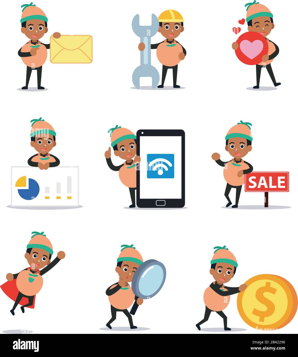 Set character of man in peach fruit costume for carnival event Stock