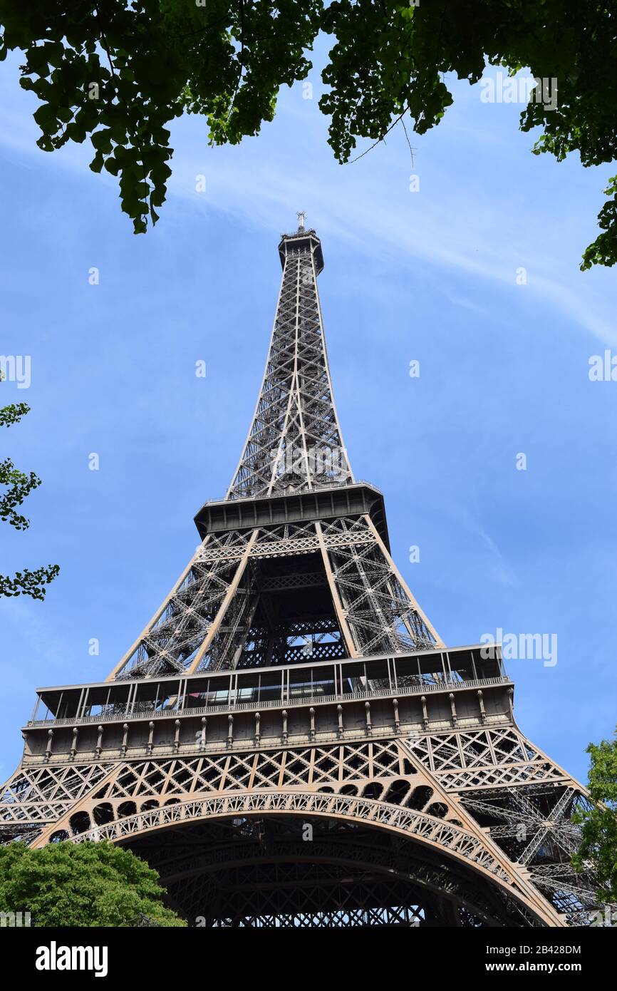 Vertical picture of the Eiffel Tower from the bottom, with trees on the forefront Stock Photo