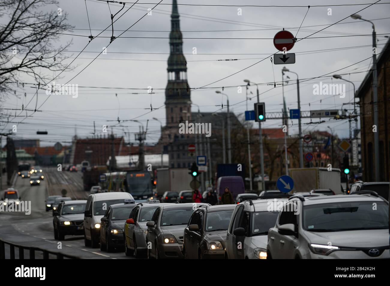 Riga, Latvia. 4th Mar, 2020. A view of a Long traffic jam at ring road  outside