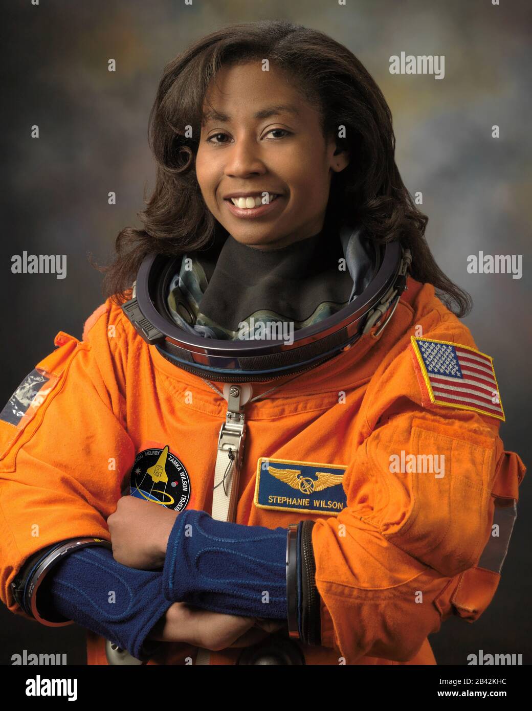 USA - 16 Feb 2017 - Formal portrait of NASA Astronaut Stephanie Wilson in her spacesuit (launch entry suit or pressure suit) Stock Photo