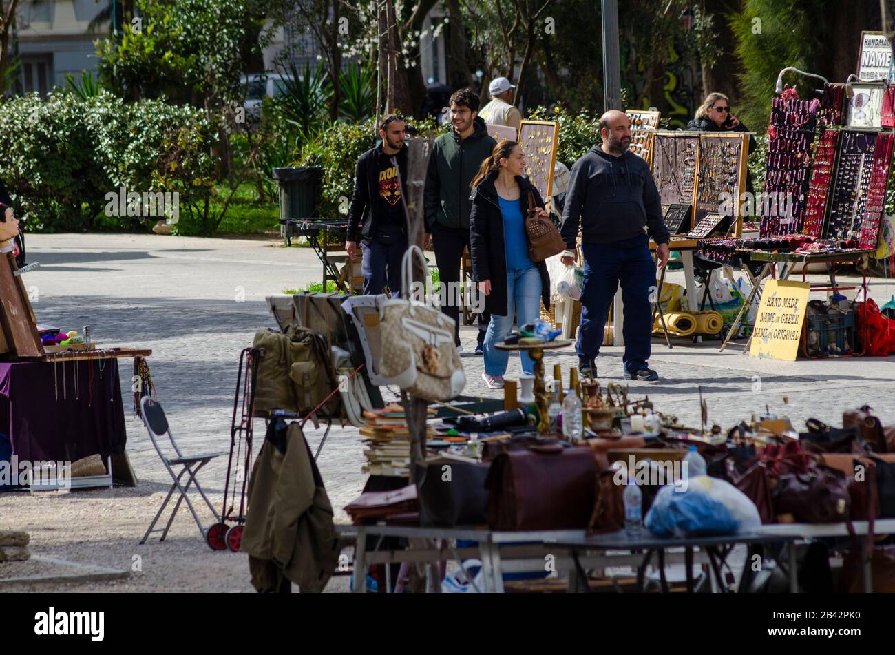 Street scene at the open air flea market in Thissio Athens Greece Stock Photo