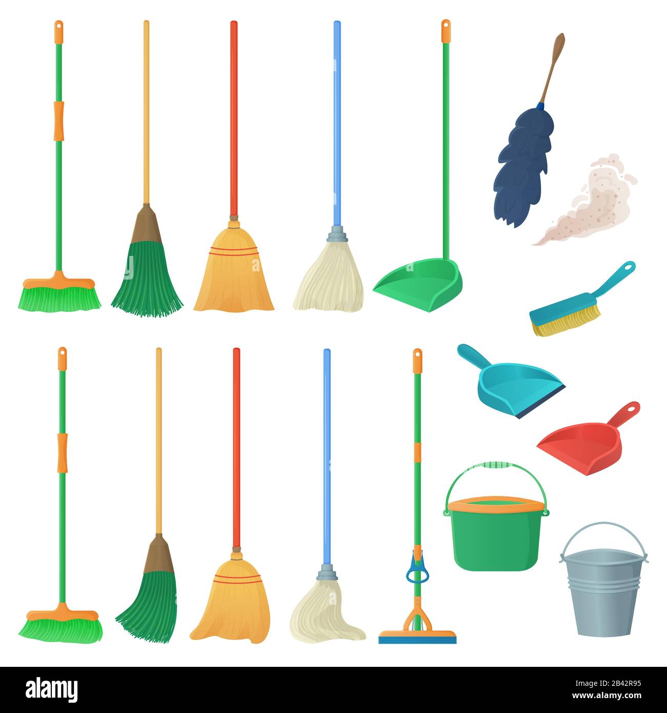 Cartoon household equipment set. A broom sweeps dust and dirt on scoop. mop or swab, feather duster, plastic bucket.Cleaning services, concept Stock Vector