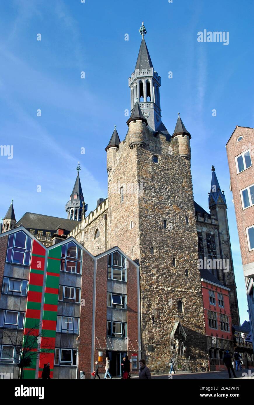 Aachener Rathaus (City Hall) Granusturm (Granus Tower) is the oldest surviving section of former Carolingian Imperial Palace of Emperor Charlemagne. Stock Photo