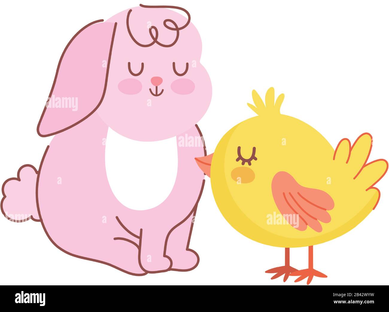 happy easter pink rabbit sitting with chicken cartoon vector ...