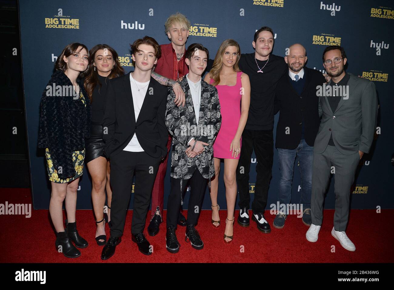 New York, USA. 05th Mar, 2020. (L-R) Oona Laurence, Brielle Barbusca, Thomas Barbusca, Colson Baker AKA Machine Gun Kelly, Griffin Gluck, Emily Arlook, Pete Davidson, Jon Cryer and Joason Orley attend the premiere of Hulu's 'Big Time Adolescence' at Metrograph in New York, NY, March 5, 2020. (Photo by Anthony Behar/Sipa USA) Credit: Sipa USA/Alamy Live News Stock Photo