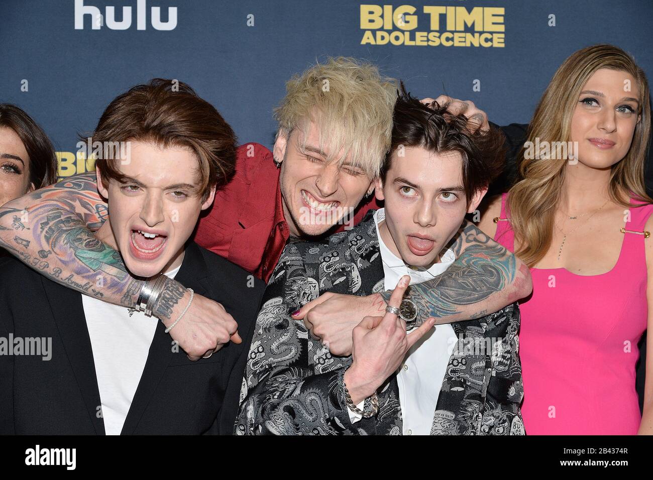 New York, USA. 05th Mar, 2020. (L-R) Thomas Barbusca, Rapper Machine Gun Kelly (Colson Baker), Griffin Gluck and Emily Arlook attend the premiere of Hulu's 'Big Time Adolescence' at Metrograph in New York, NY, March 5, 2020. (Photo by Anthony Behar/Sipa USA) Credit: Sipa USA/Alamy Live News Stock Photo