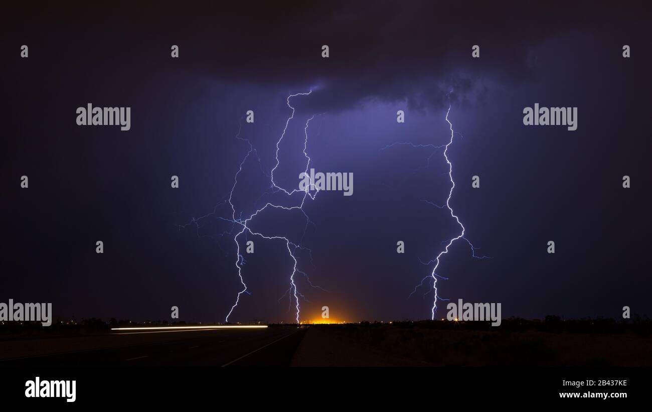 Thunderstorm lightning bolts strike over Phoenix, Arizona Stock Photo