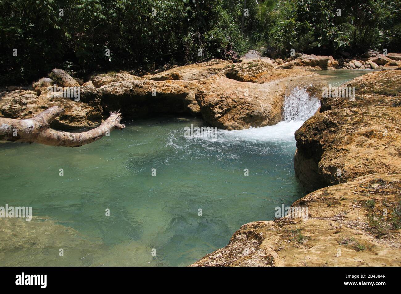 Flowing water from Baobao Falls, an attraction in Liangga, Surigao del Sur, Philippines. Stock Photo