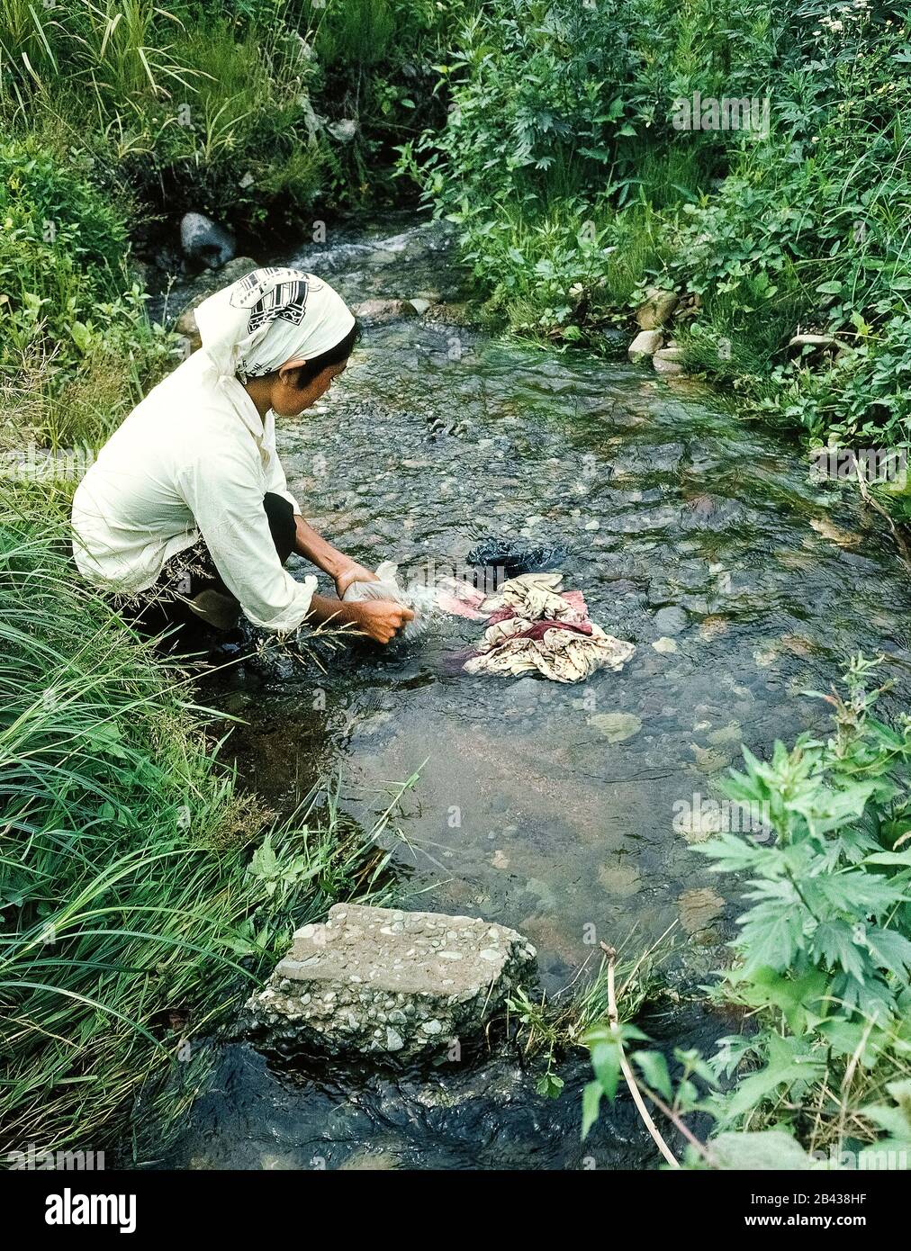 An Ainu woman washes clothes in a river stream near her native village on the island of Hokkaido in northern Japan. The daily chore depicts the older way of Ainu living when this historical photograph was taken in 1962. Since that time the Ainu (pronounced I-noo) have assimilated into Japanese society and their traditions can only be glimpsed today in special tourist villages. The Ainu were officially recognized as indigenous people of Japan in 2008. Stock Photo