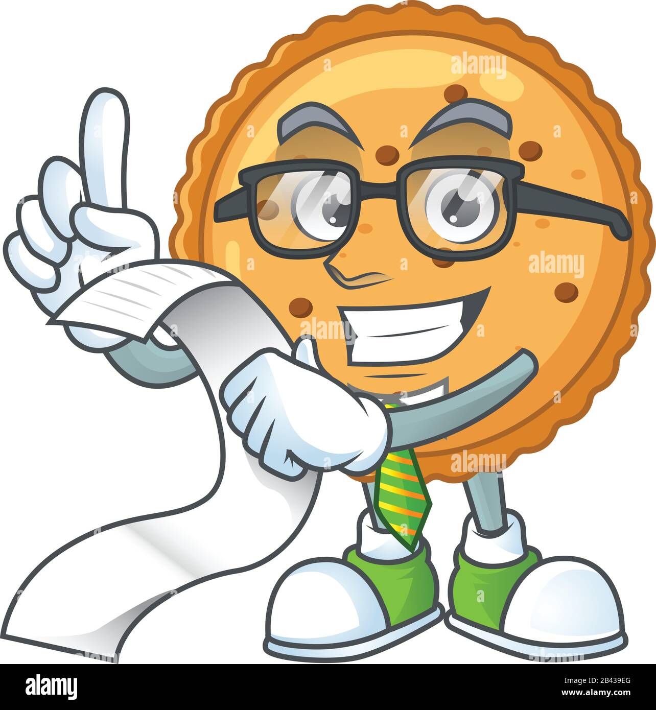A funny face character of peanut butter cookies holding a menu Stock