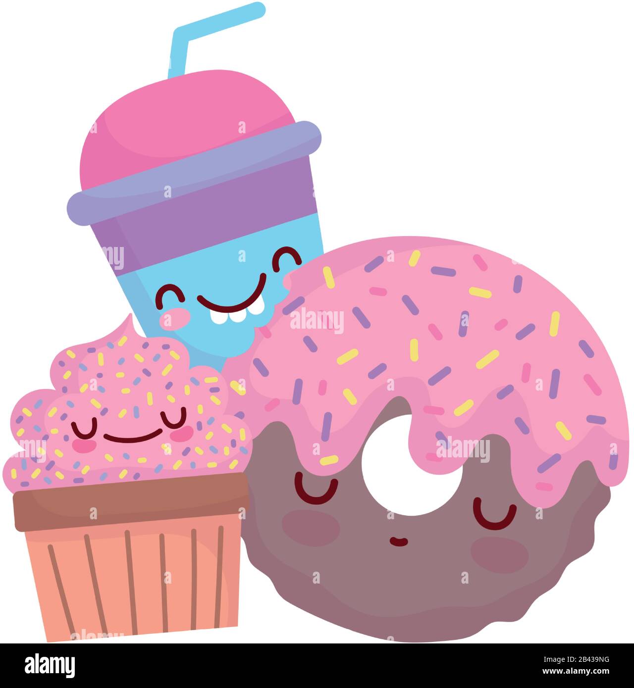 donut cupcake and smoothie cup menu character cartoon food cute vector illustration Stock Vector