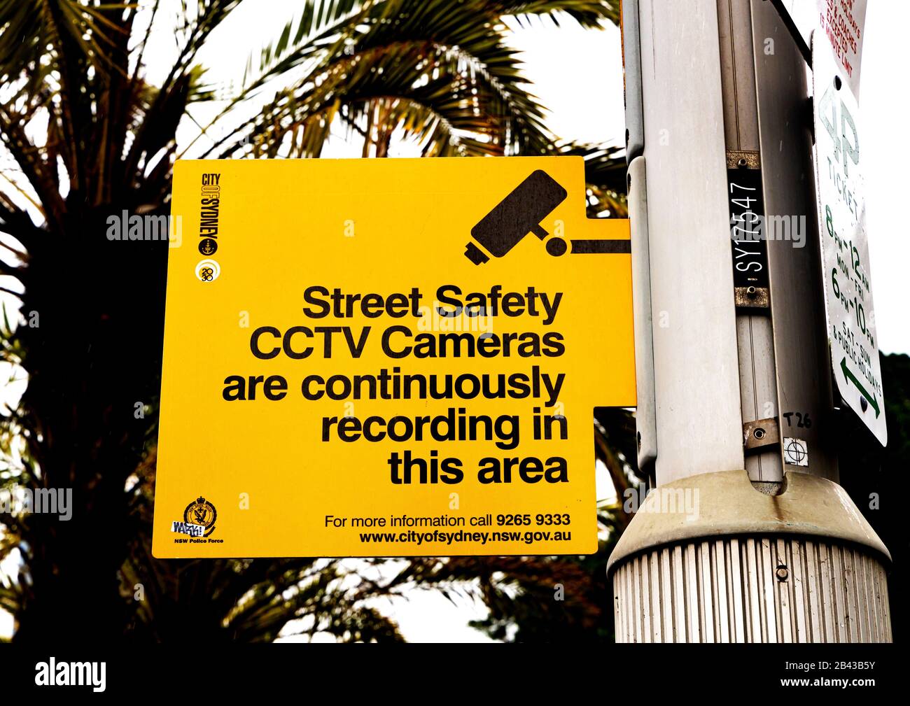 Warning notice of CCTV safety cameras operating in Sydney street, NSW, Australia Stock Photo