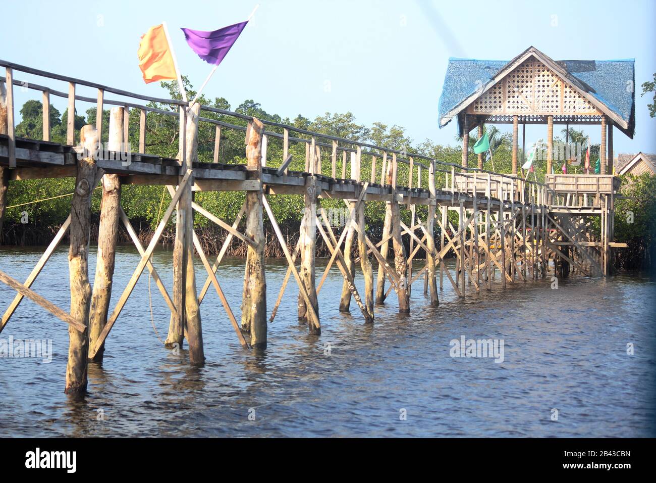 Wooden walkway on long poles at Britania Islands, Surigao del Sur, Philippines. Stock Photo