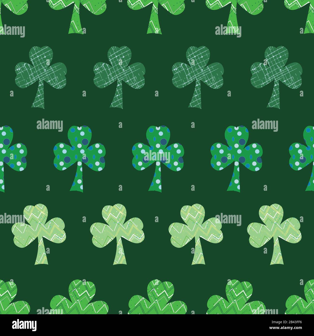 Rows of Shamrocks on green clovers seamless vector repeat surface pattern design Stock Vector