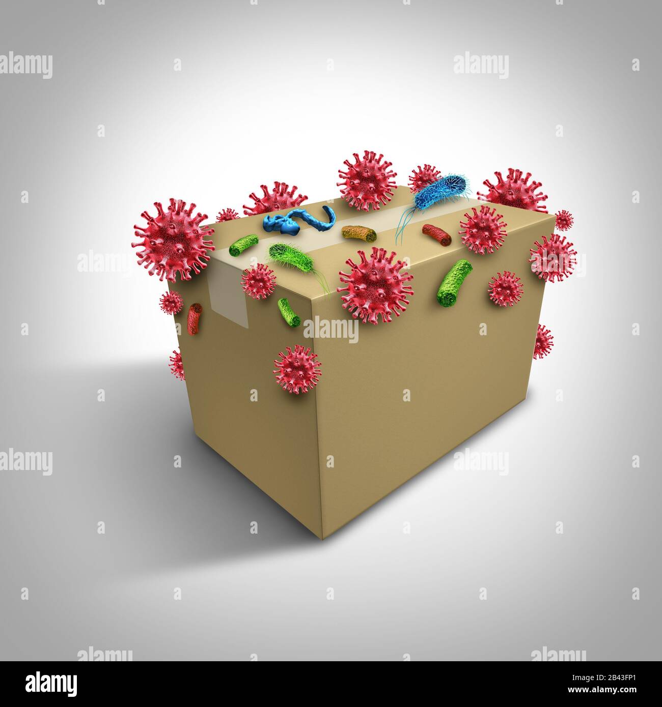 Germs and disease on delivery packages as a closed cardboard box with virus and bacteria cells representing the concept of health and hygiene. Stock Photo