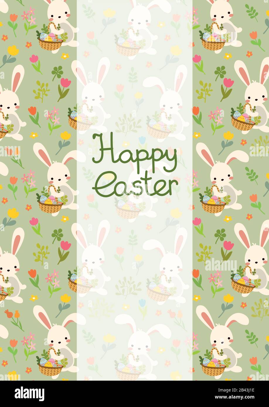 Vector Easter Rabbit with spring flowers. Green Postcard Stock Vector