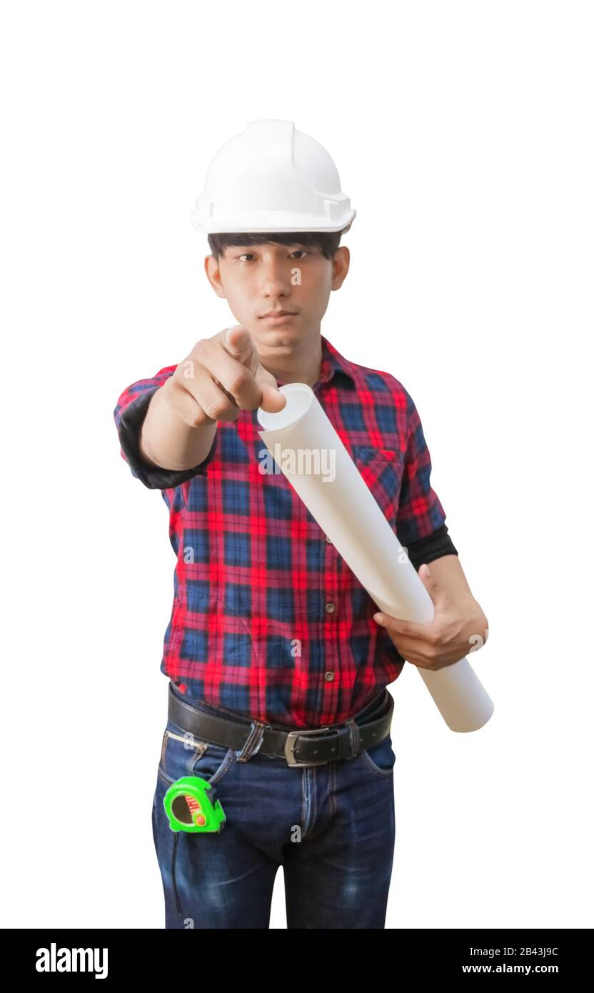 Engineer finger point with holding rolled blueprints inspect ...