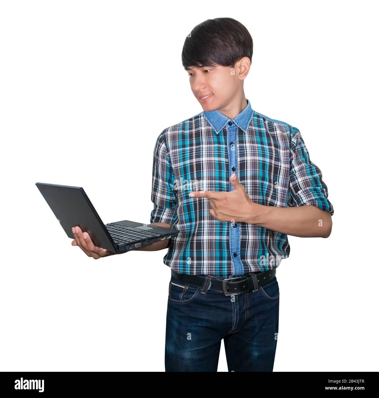 businessman. engineering confident using computer laptop and hand point on white background. construction concept Stock Photo