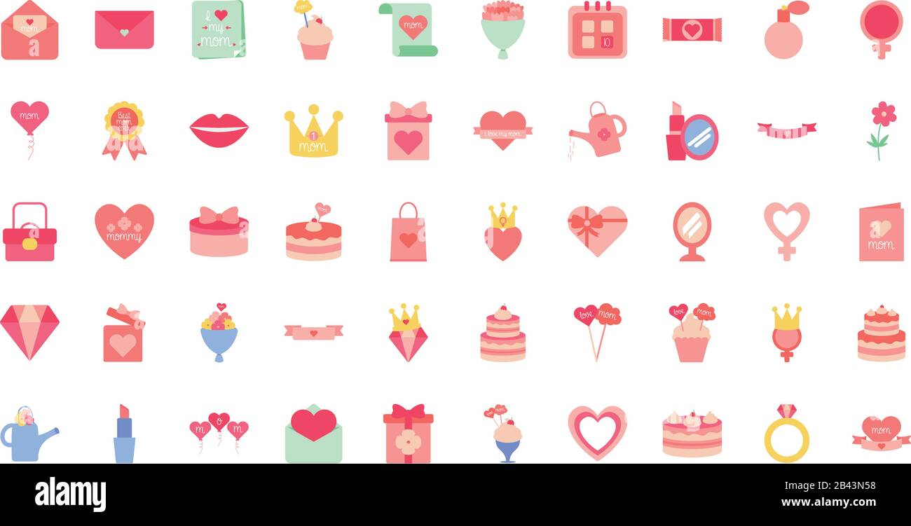 flat style icon set design, happy mothers day love relationship ...