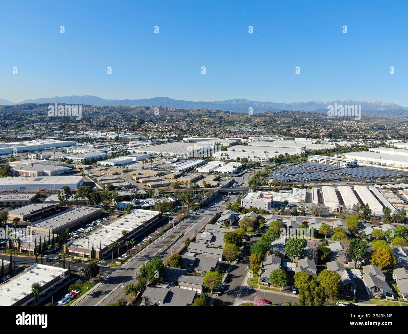 Aerial view of Diamond Bar City with houses and small factories