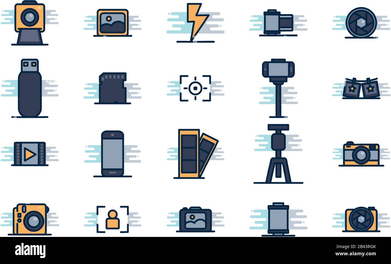 line fill block style icon set design, photography technology equipment ...
