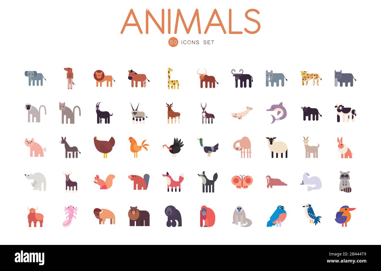 50 cute animals cartoons fill style icon set design, zoo life nature ...