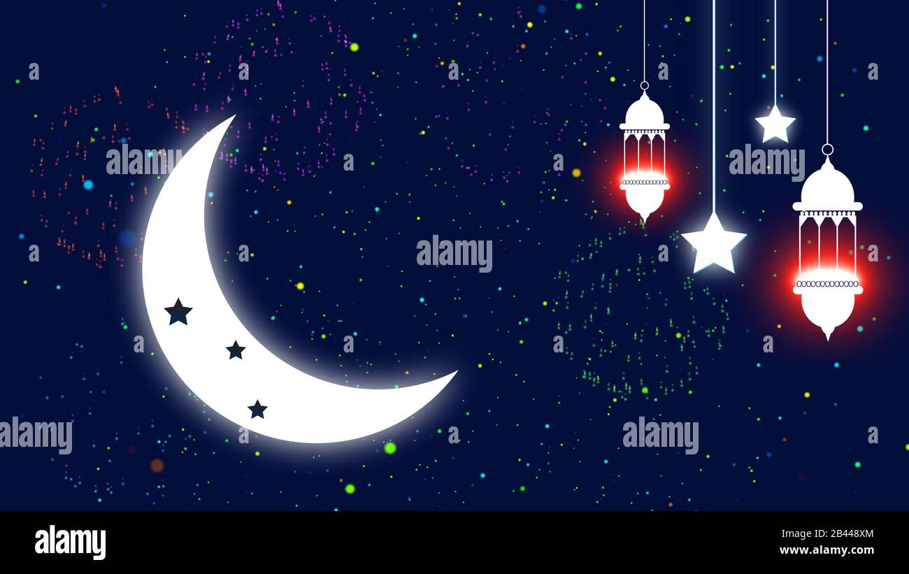 Eid Mubarak islamic design crescent moon and arabic calligraphy Stock ...