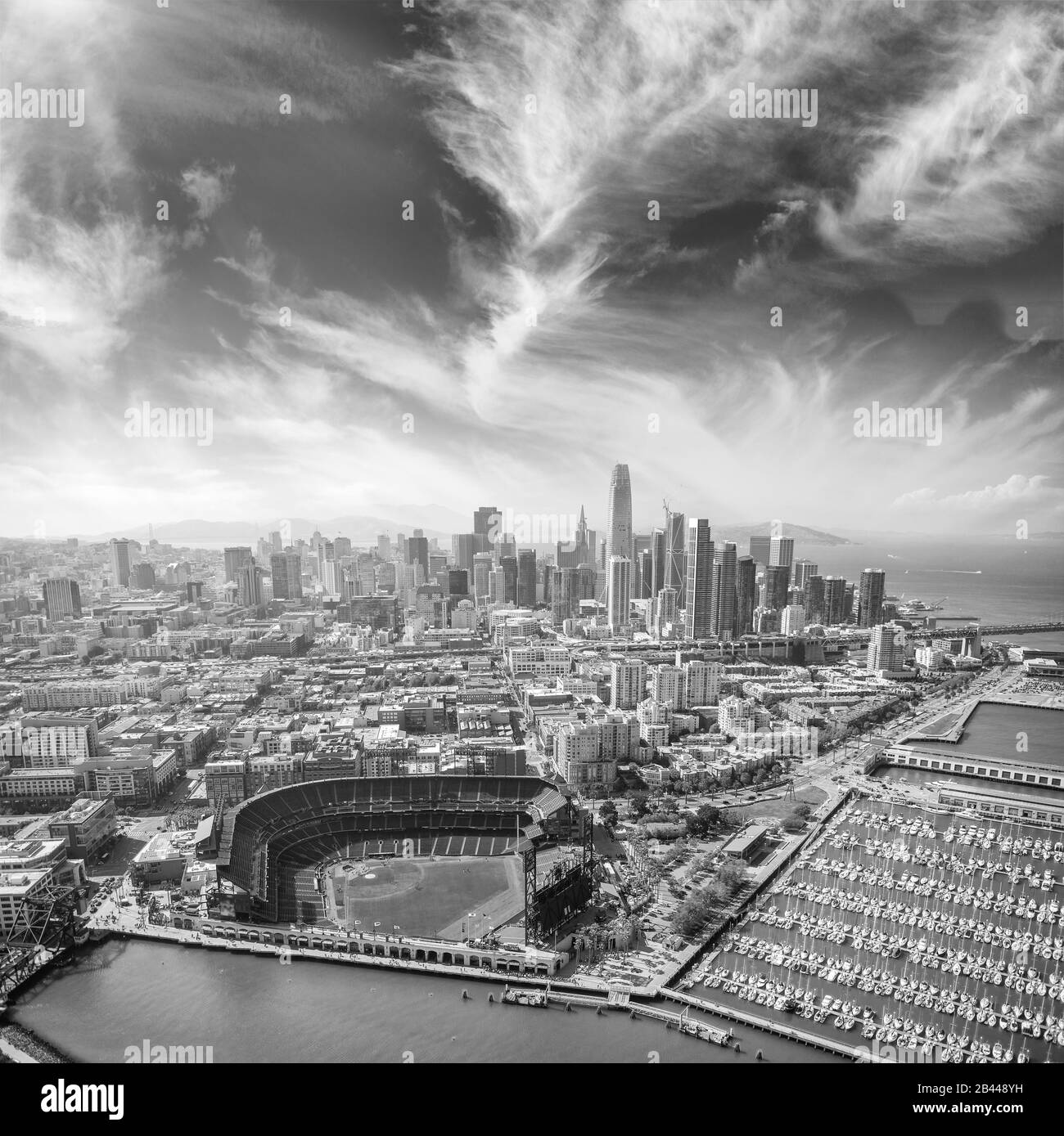 Amazing aerial view of San Francisco stadium, port and skyline. Stock Photo