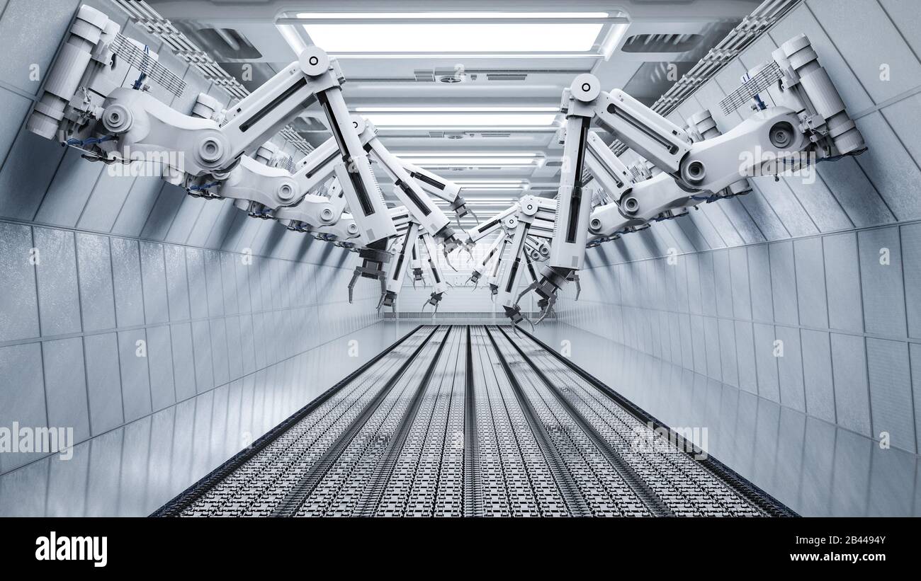 Smart factory concept with 3d rendering robot arms with conveyor line Stock Photo