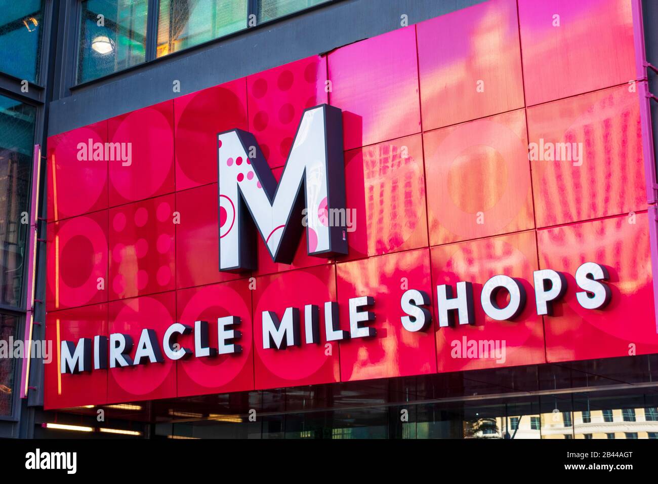 Miracle Mile Shops sign at the main entrance to 1.2-mile long enclosed shopping mall on the Strip - Las Vegas, Nevada, USA - 2020 Stock Photo