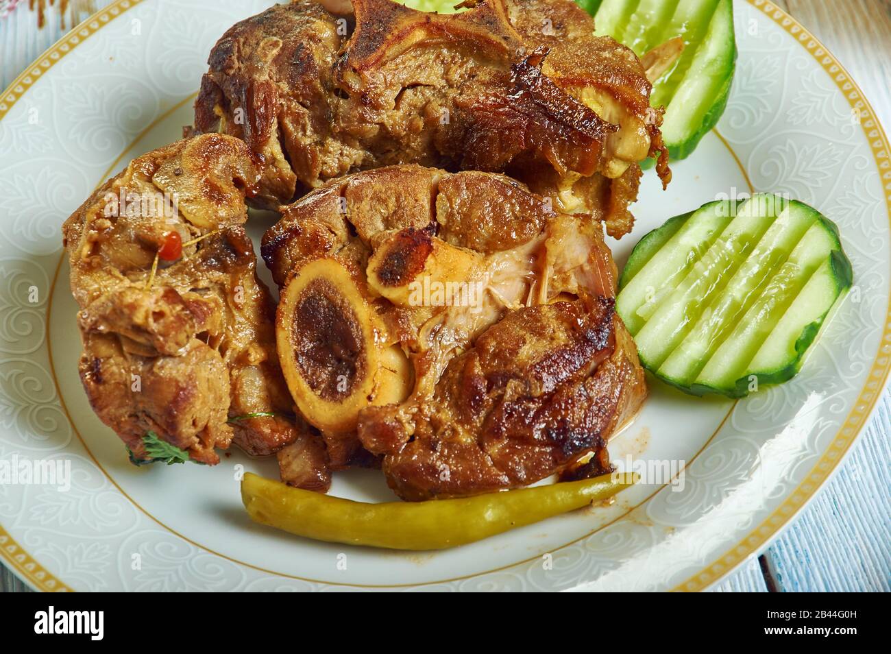 Kashmiri Style Mutton Ribs, Kashmiri cuisine, Traditional assorted Indian dishes, Top view Stock
