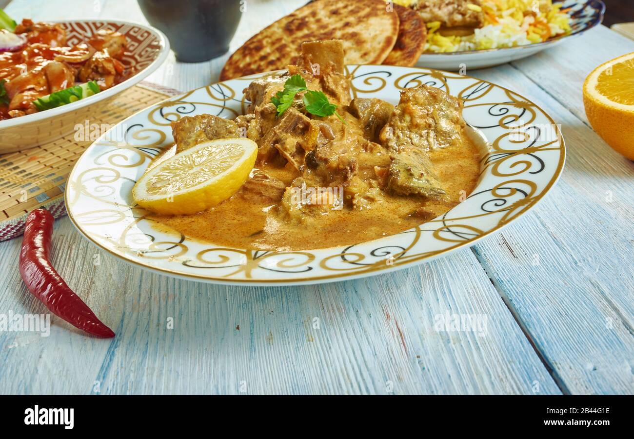 Dahi Gosht Yogurt Lamb Curry, Kashmiri cuisine, Traditional assorted Indian dishes, Top view