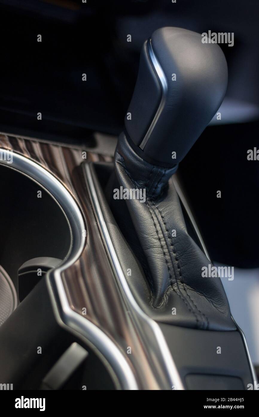 Manual transmission of new vehicle. Modern design. Close up. Stock Photo