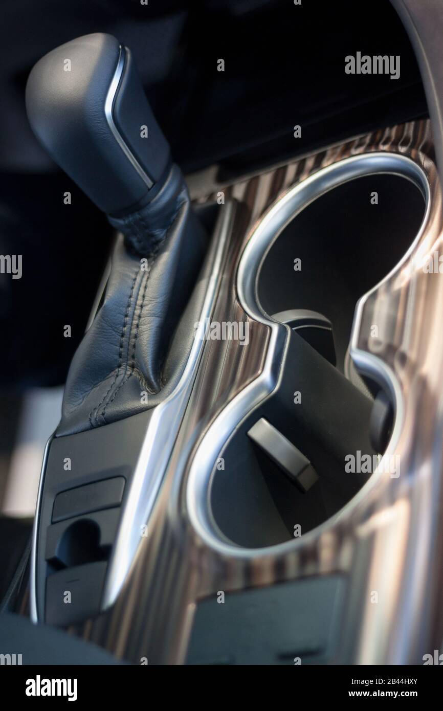 Modern manual transmission of new vehicle. Close up. Stock Photo