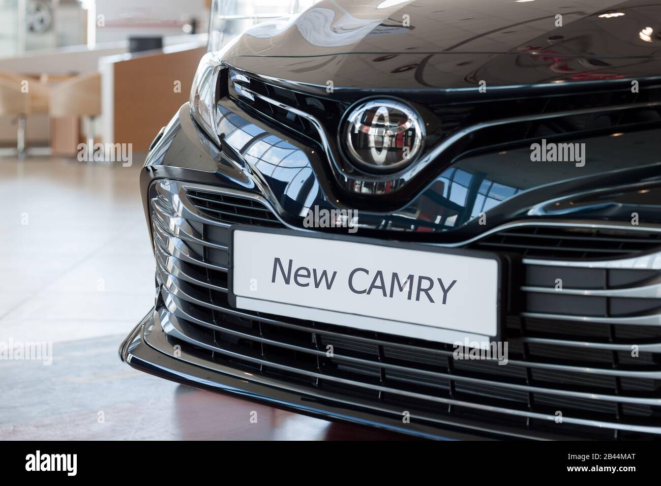Russia, Izhevsk - April 21, 2018: Showroom Toyota. New vehicle Toyota Camry. Famous world brand. Stock Photo