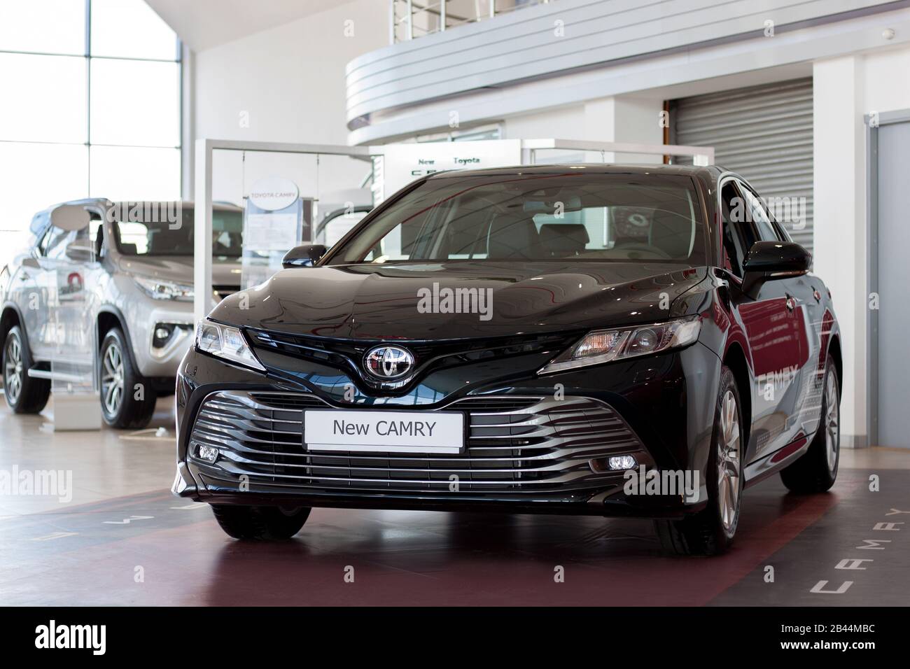 Russia, Izhevsk - April 21, 2018:Showroom Toyota. New vehicle Toyota Camry. Front view. Stock Photo