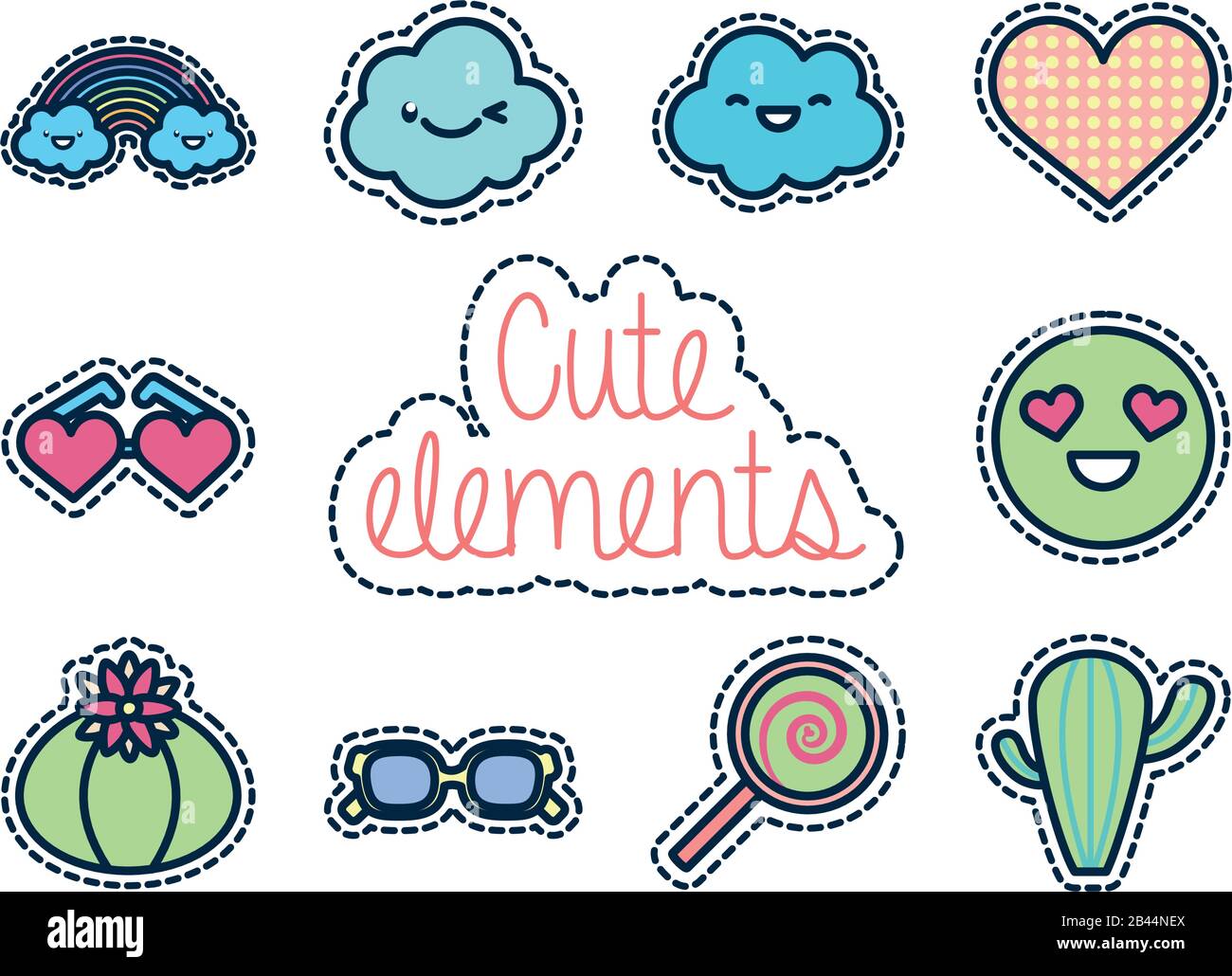 cute elements line fill style icon set design, Kawaii expression ...