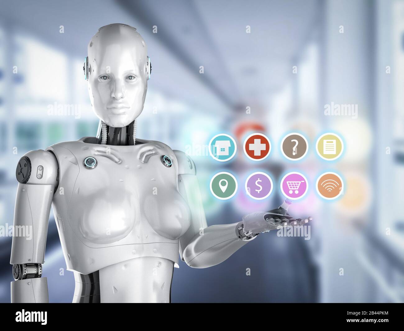 Robot assistant concept with 3d rendering female cyborg with icon display Stock Photo
