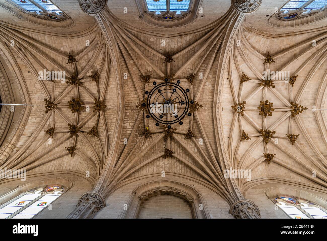 Toledo, Spain - December 6, 2019: Interior view of the church of the Monastery of San Juan de los Reyes. Directly below view of the ribbed vaults. Stock Photo