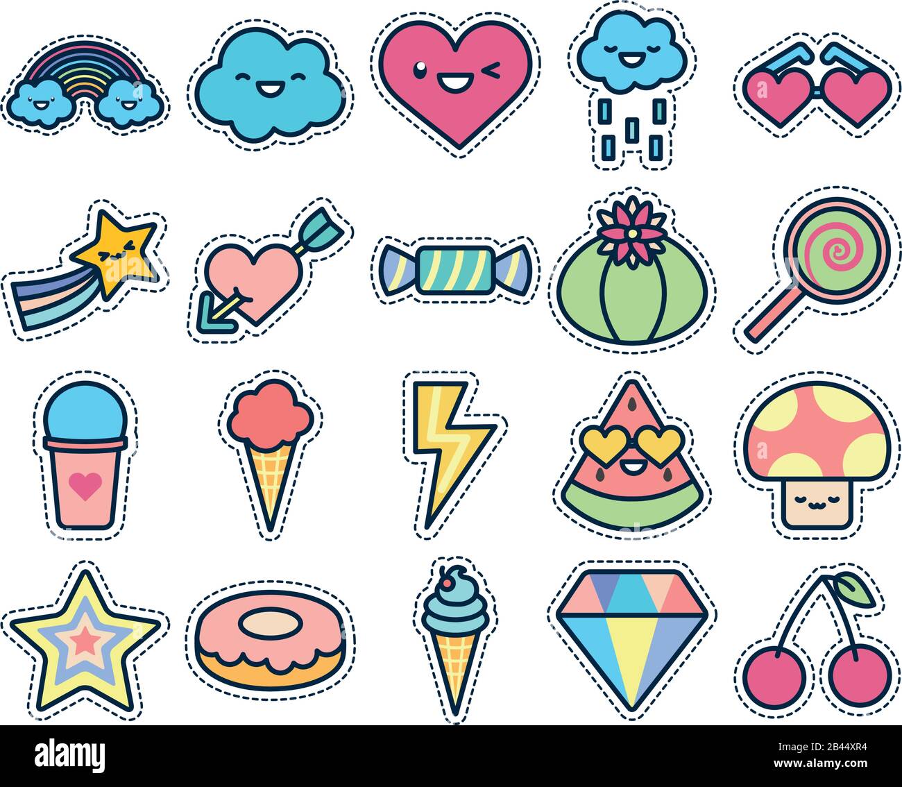 cute elements line fill style icon set design, Kawaii expression ...