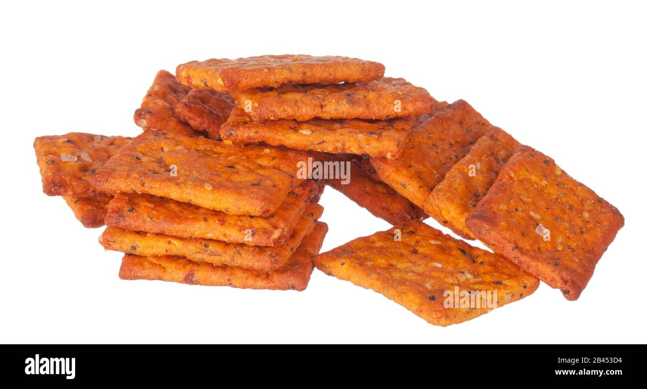 crackers pile on white background. creative photo. Stock Photo